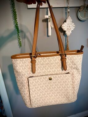 Michael Kors Beige Canvas Logo Tote with Tan Leather Trim